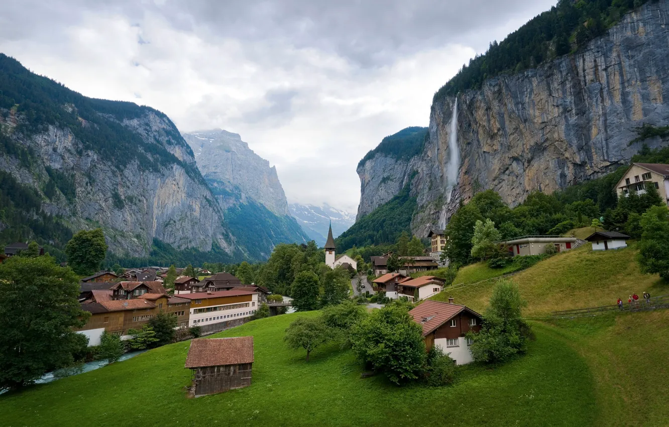 Фото обои горы, Альпы, церковь, домик