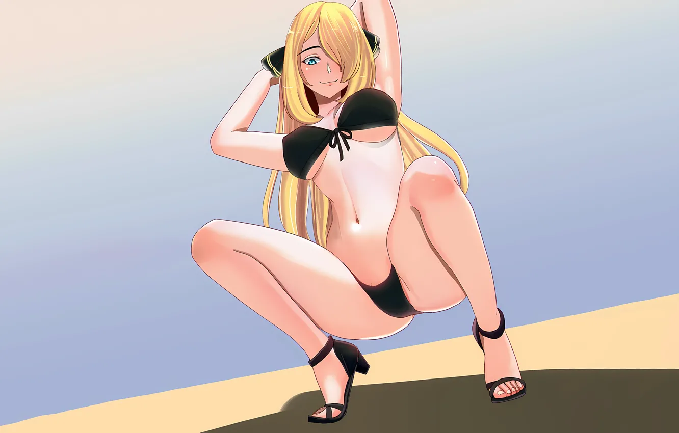 Фото обои girl, sexy, cleavage, green eyes, long hair, legs, boobs, anime