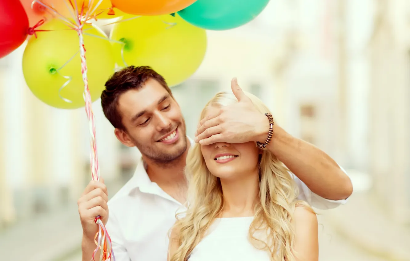 Фото обои шарики, любовь, радость, счастье, воздушные шары, пара, happy, couple