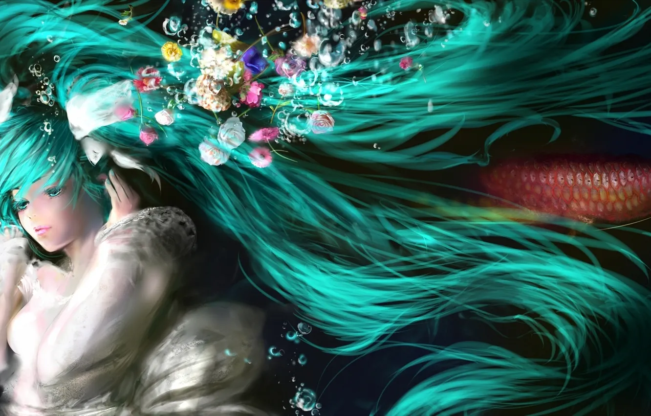 Фото обои цветы, пузыри, волосы, рыба, vocaloid, hatsune miku, под водой