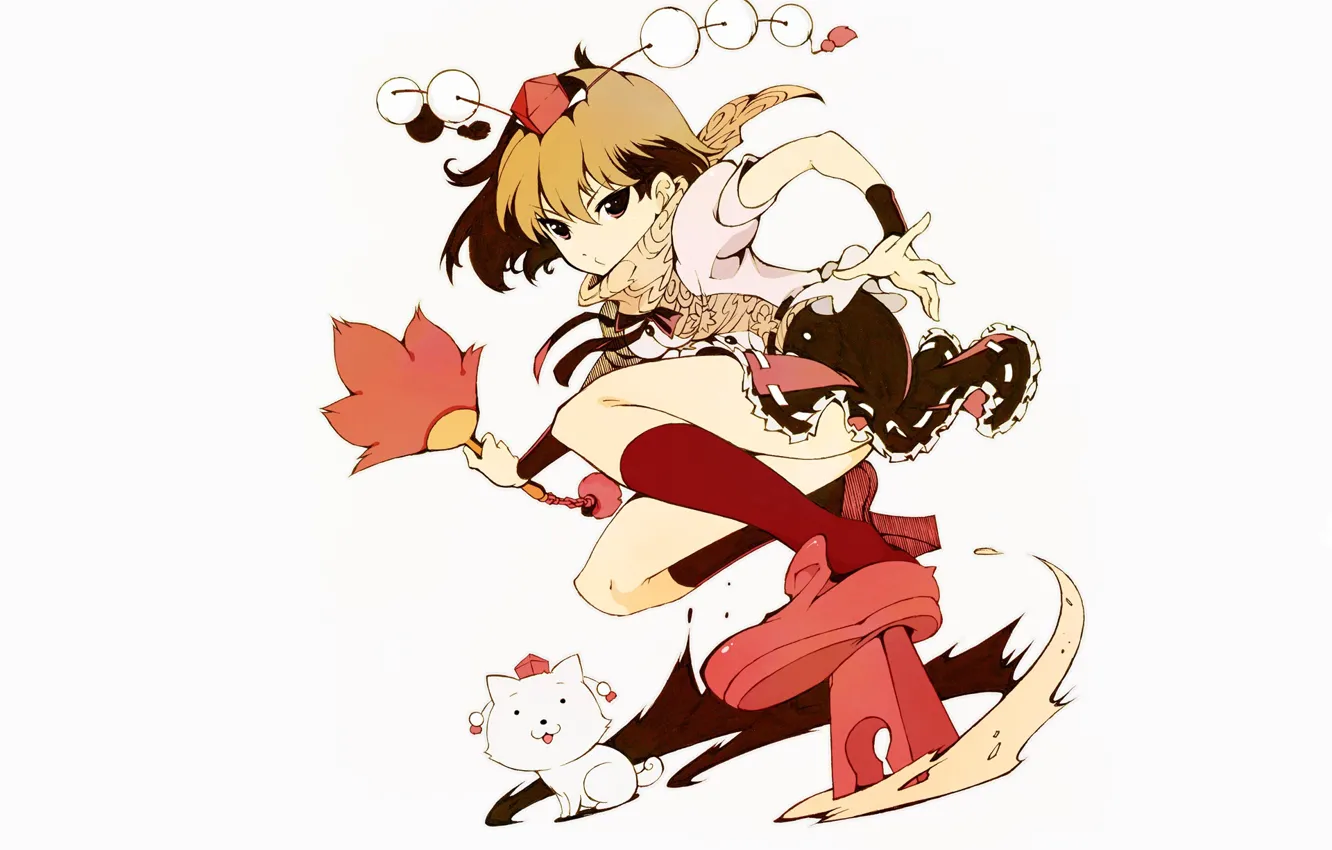 Фото обои белый фон, шапочка, Aya Shameimaru, волчонок, Touhou Project, бомбошки, Inubashiri Momiji, Проект Восток