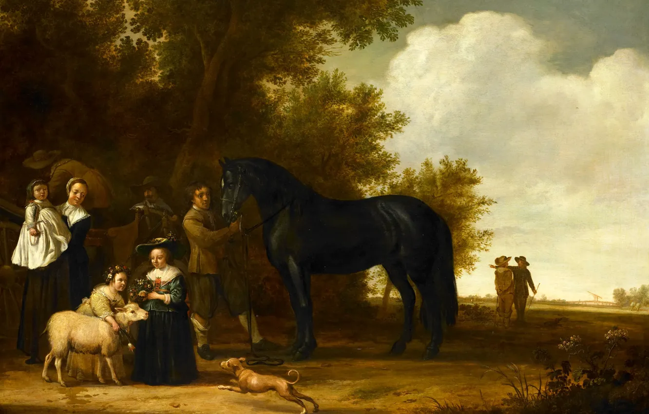 Фото обои люди, дерево, лошадь, масло, картина, Групповой Портрет на Фоне Пейзажа