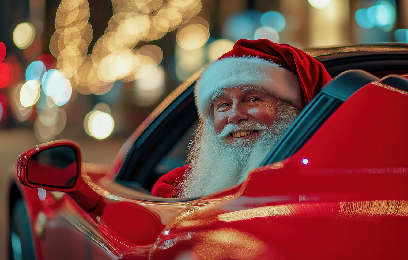 Фото обои Santa Claus, red car, sports car