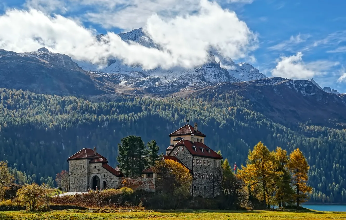 Фото обои осень, горы, озеро, замок, Швейцария, Санкт-Мориц