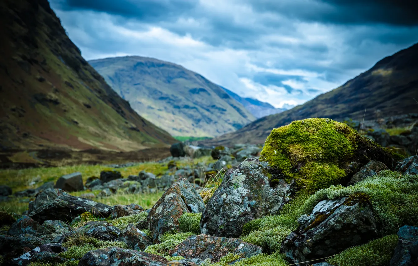 Фото обои горы, камни, мох, Шотландия, Scotland