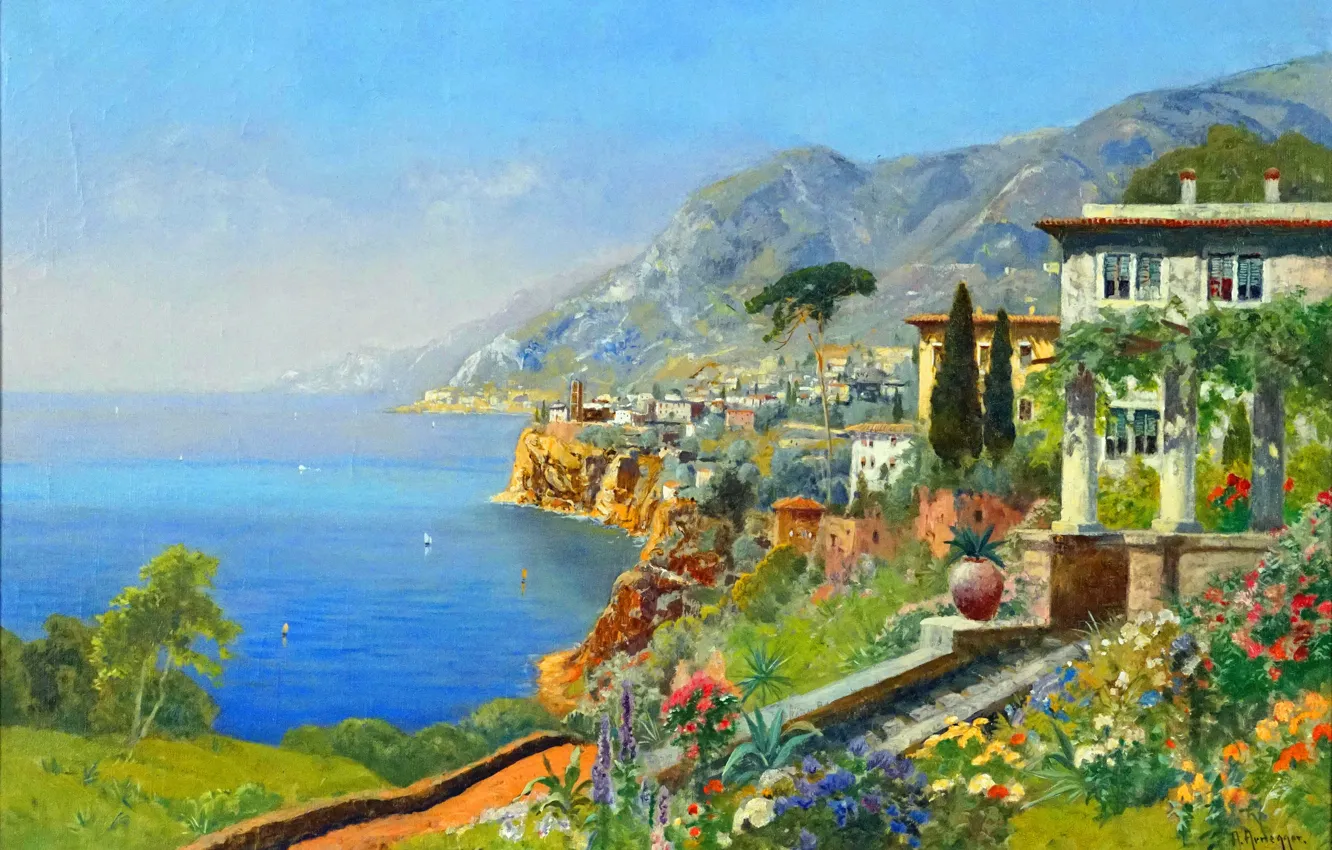 Фото обои Цветы, Вода, Дома, Картина, Побережье, Alois Arnegger, Алоис Арнеггер, Австрийский живописец