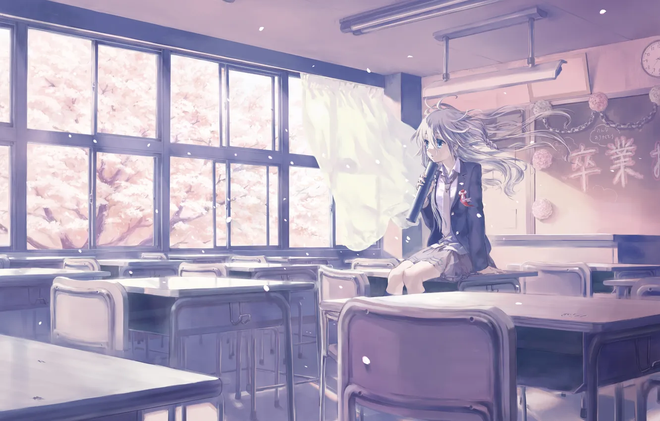 Фото обои девушка, ветер, окна, весна, арт, класс, vocaloid, школа