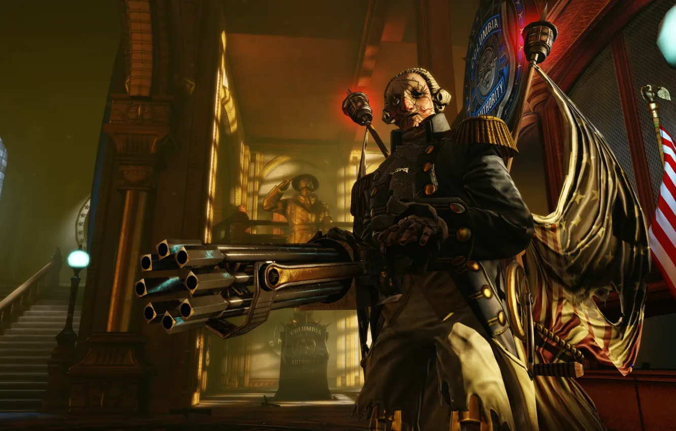 Фото обои оружие, человек, монстр, флаг, пулемет, америка, BioShock Infinite