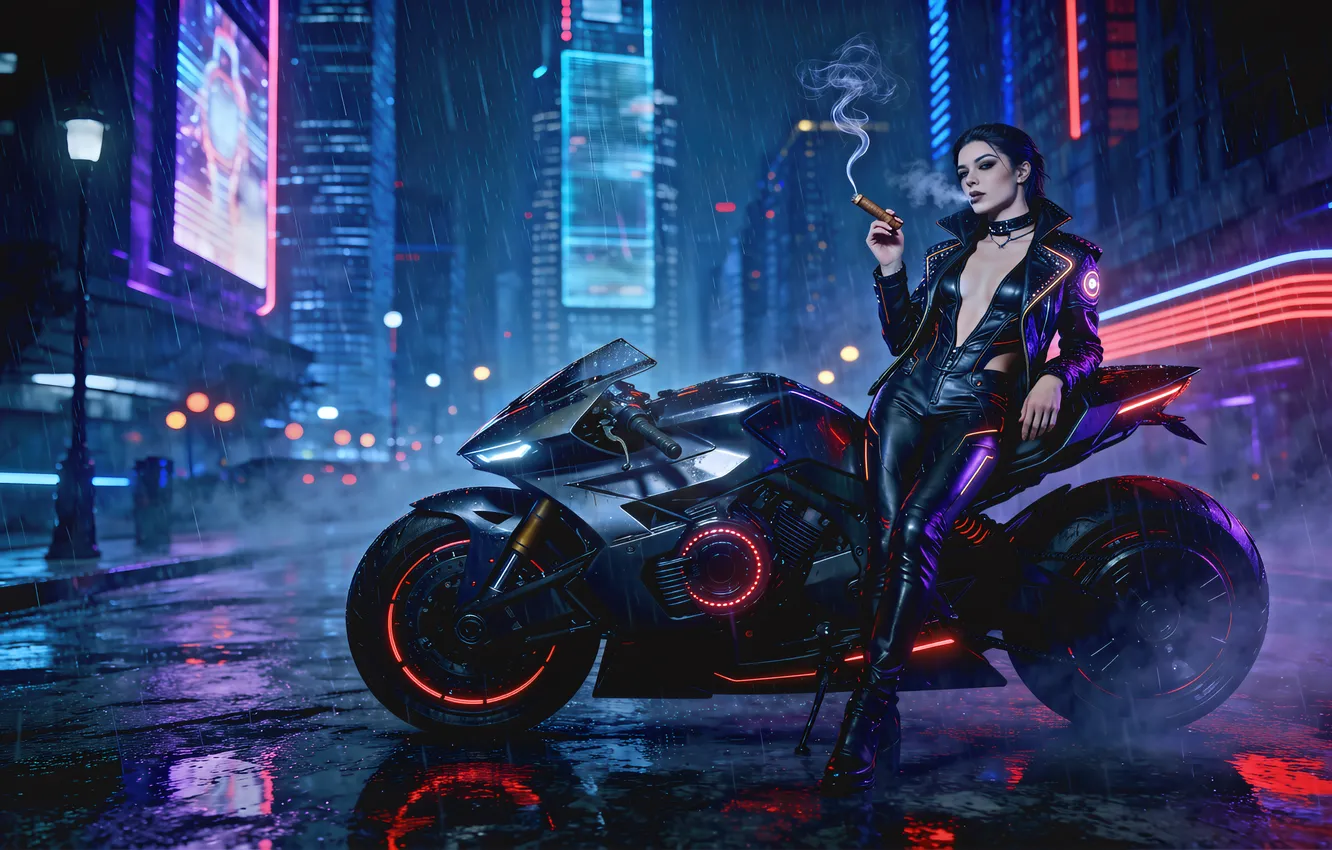 Фото обои Cyberpunk, Rain, Queen