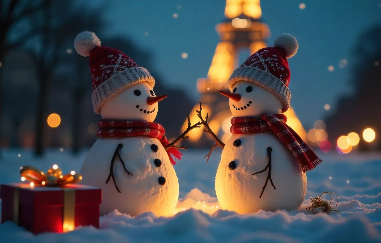 Фото обои зима, свет, снег, ночь, город, огни, подарок, Париж