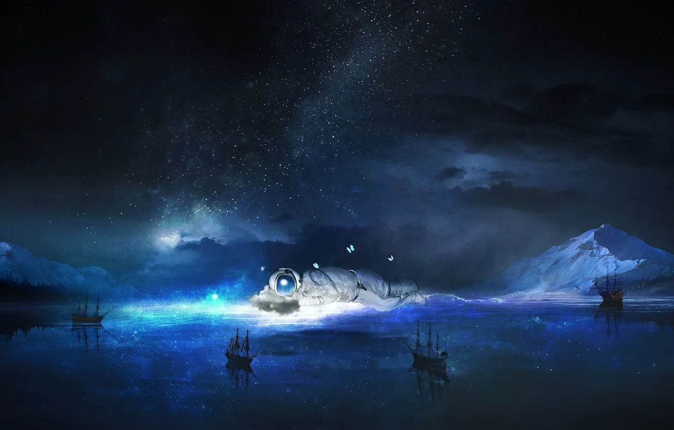 Фото обои море, небо, вода, звезды, ночь, фантастика, бабочка, корабли