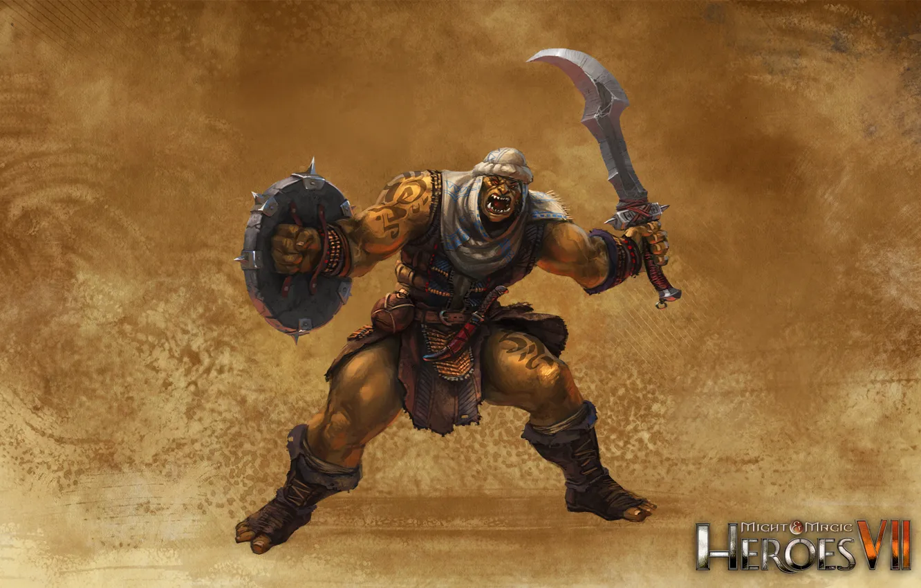 Фото обои меч, щит, орк, герои меча и магии 7, Might &amp; Magic 7, Непокорные племена