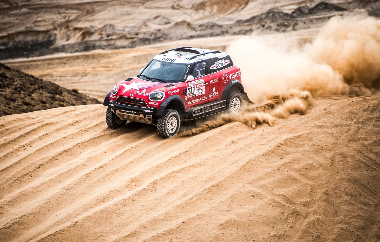 Фото обои Песок, Авто, Mini, Спорт, Пустыня, Скорость, Rally, Dakar