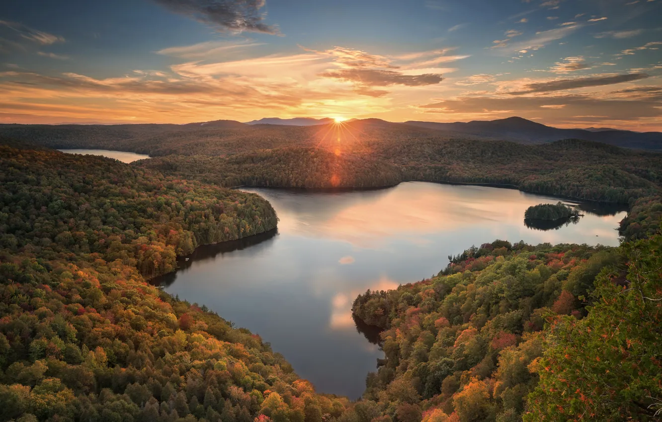 Фото обои осень, лес, закат, озеро, пруд, панорама, Woodbury, Vermont