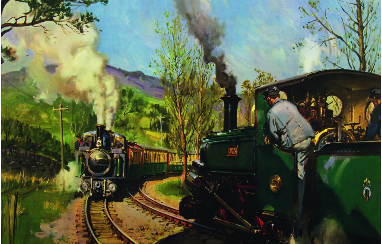 Фото обои масло, картина, холст, художник Теренс Кунео, «THE PASS TRACK, WALES», FFESTINIOG RAILWAY