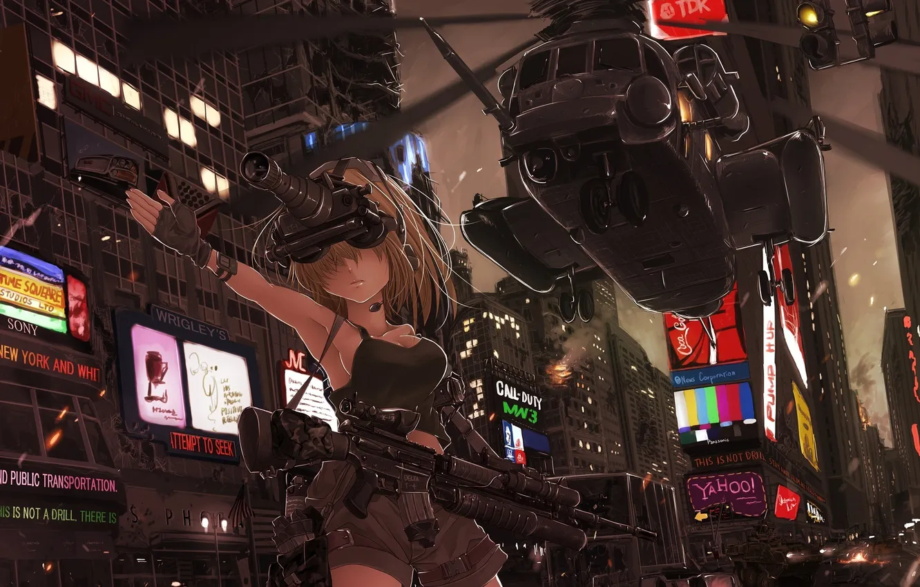 Фото обои девушка, город, оружие, вертолет