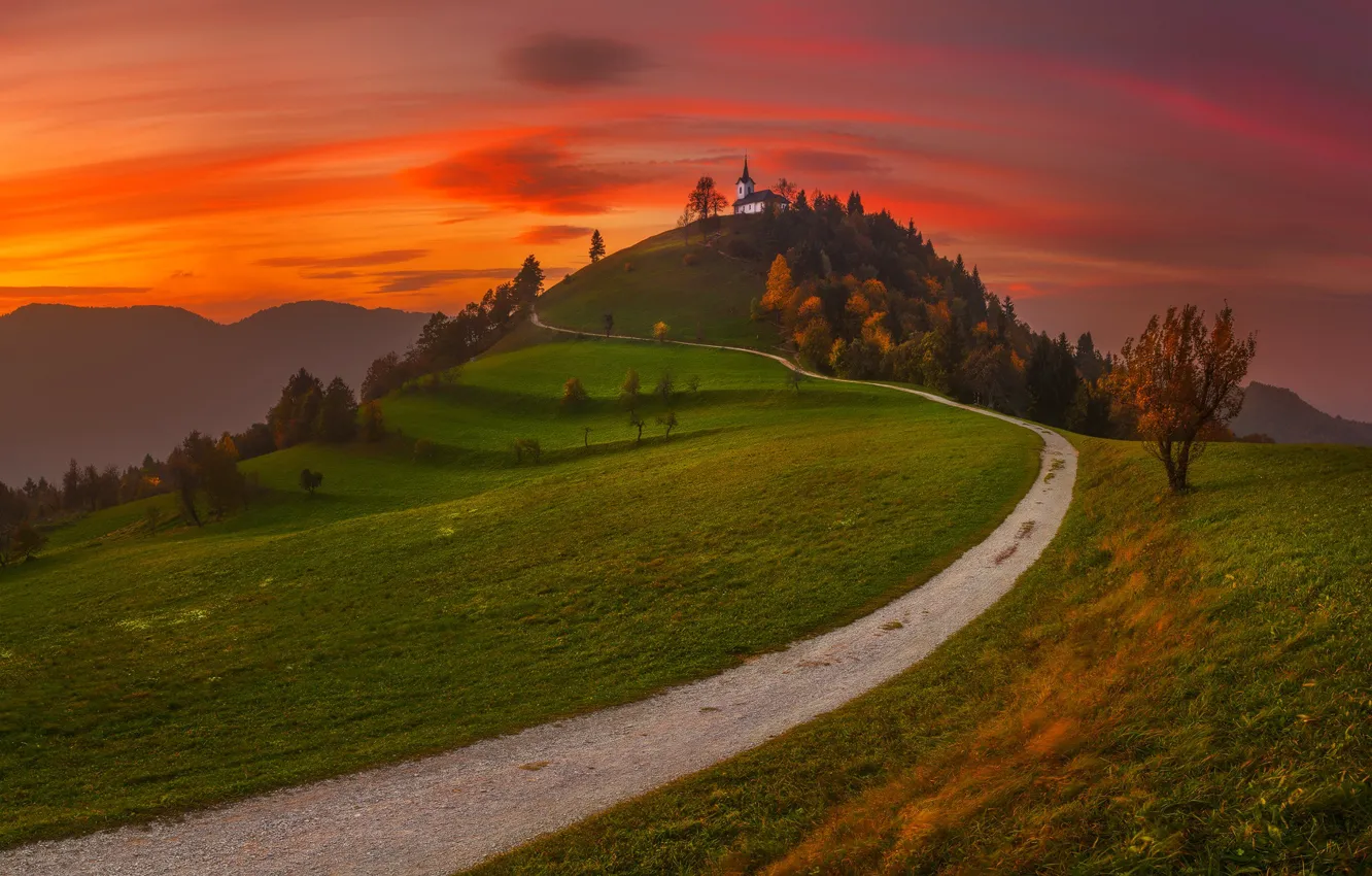 Фото обои дорога, холмы, road, hills, church, кирха, Tomasz Rojek