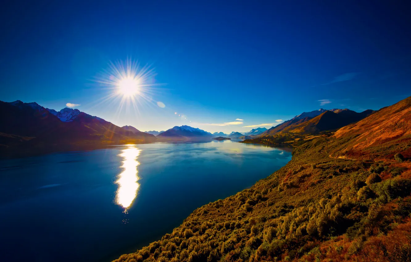 Фото обои солнце, отражение, Новая Зеландия, озеро Уакатипу