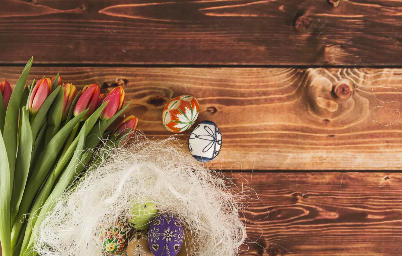 Фото обои Тюльпаны, Пасха, Яйца, Праздник, Гнездо