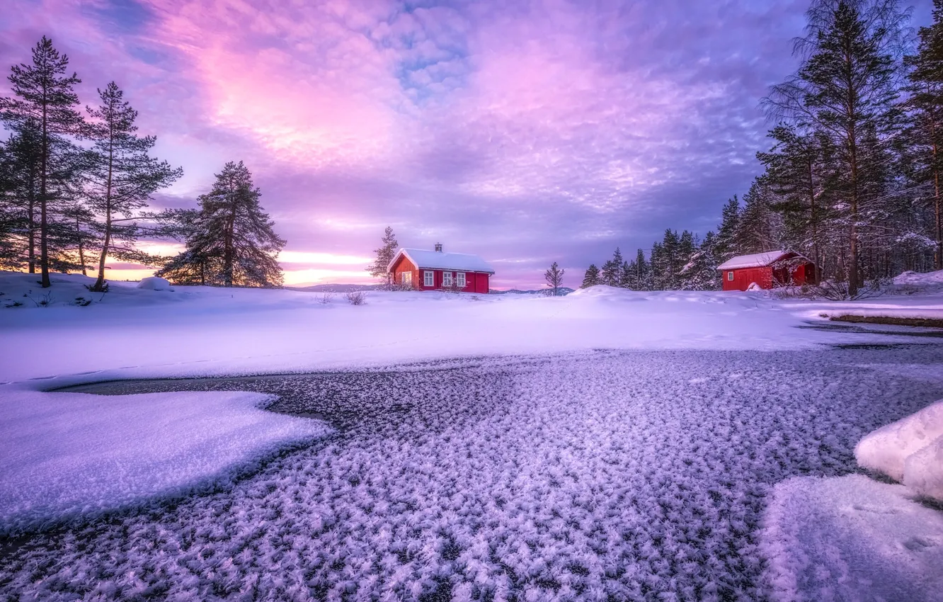 Фото обои зима, облака, снег, деревья, озеро, дома, Норвегия, Norway