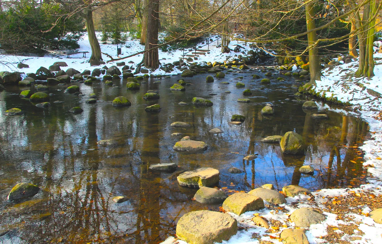 Фото обои river, water, park, stones