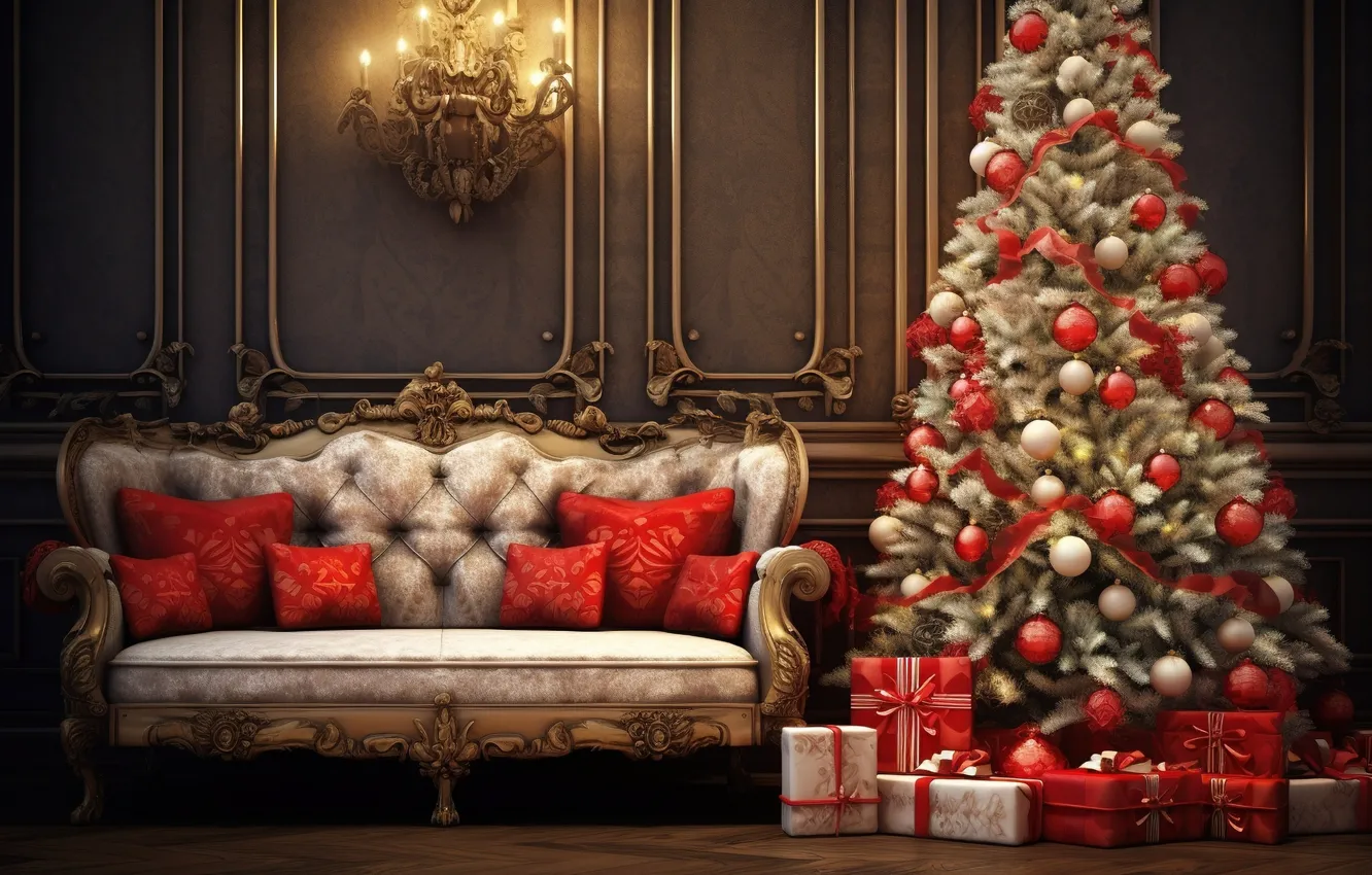 Фото обои украшения, диван, шары, елка, Новый Год, Рождество, подарки, new year
