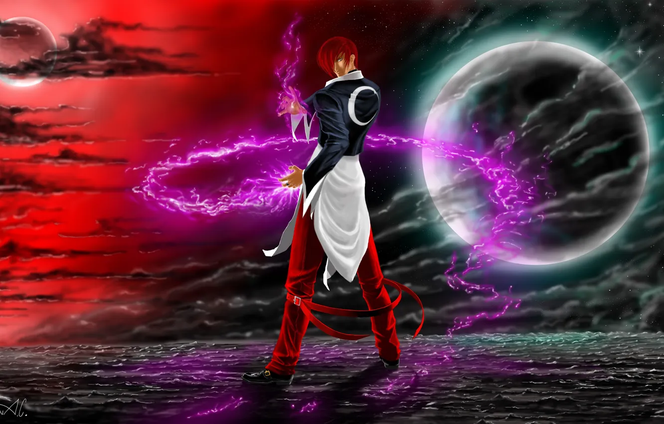 Фото обои взгляд, магия, парень, жест, art, king of fighters, Cristian AC, Iori Yagami