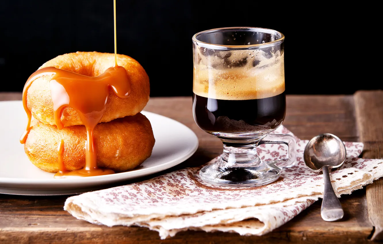 Фото обои кофе, завтрак, пончики, выпечка, глазурь, coffee, donut, breakfast