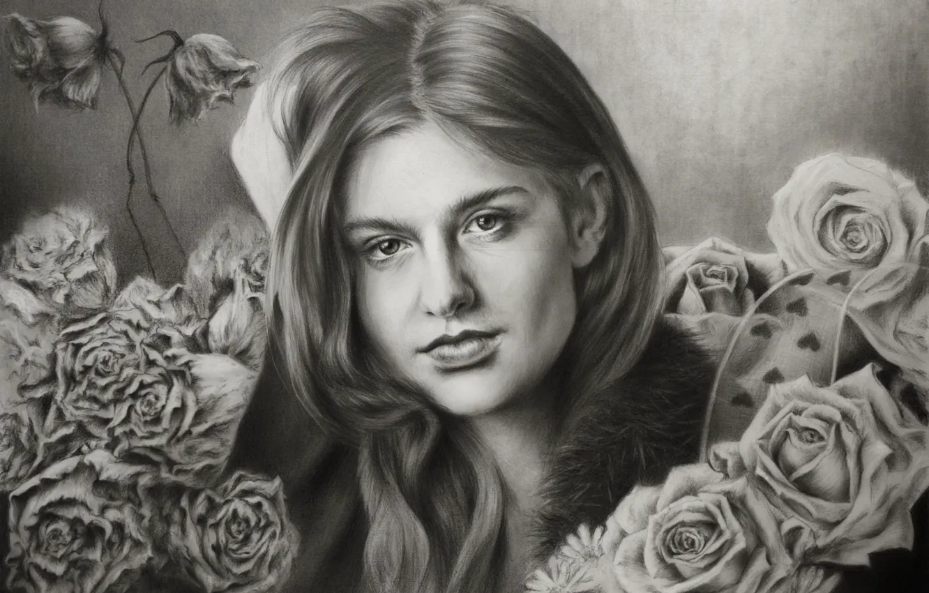 Фото обои девушка, рисунок, портрет, розы, Chloe Moretz