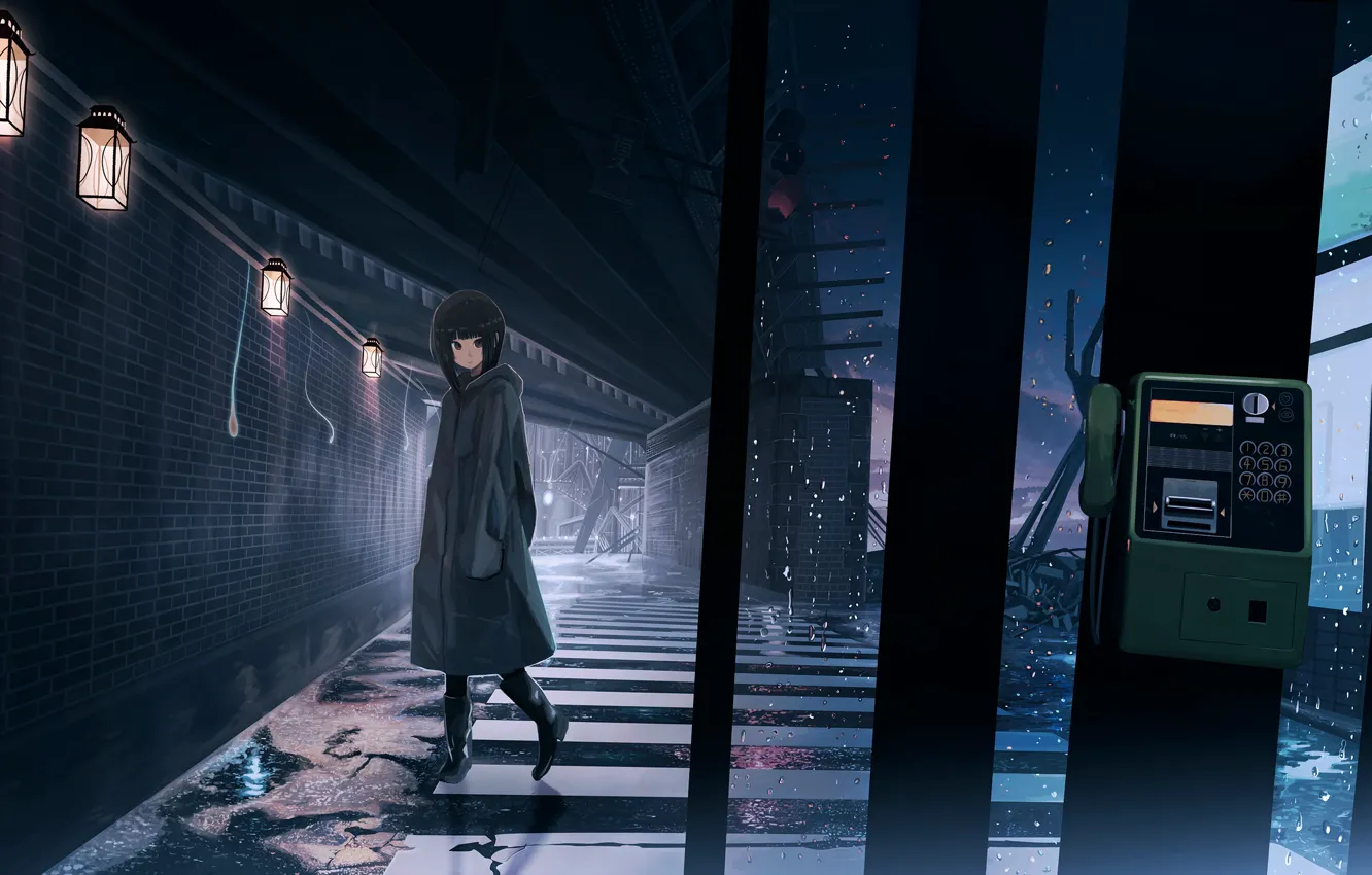 Фото обои девушка, дождь, улица, телефонная будка, дорОга