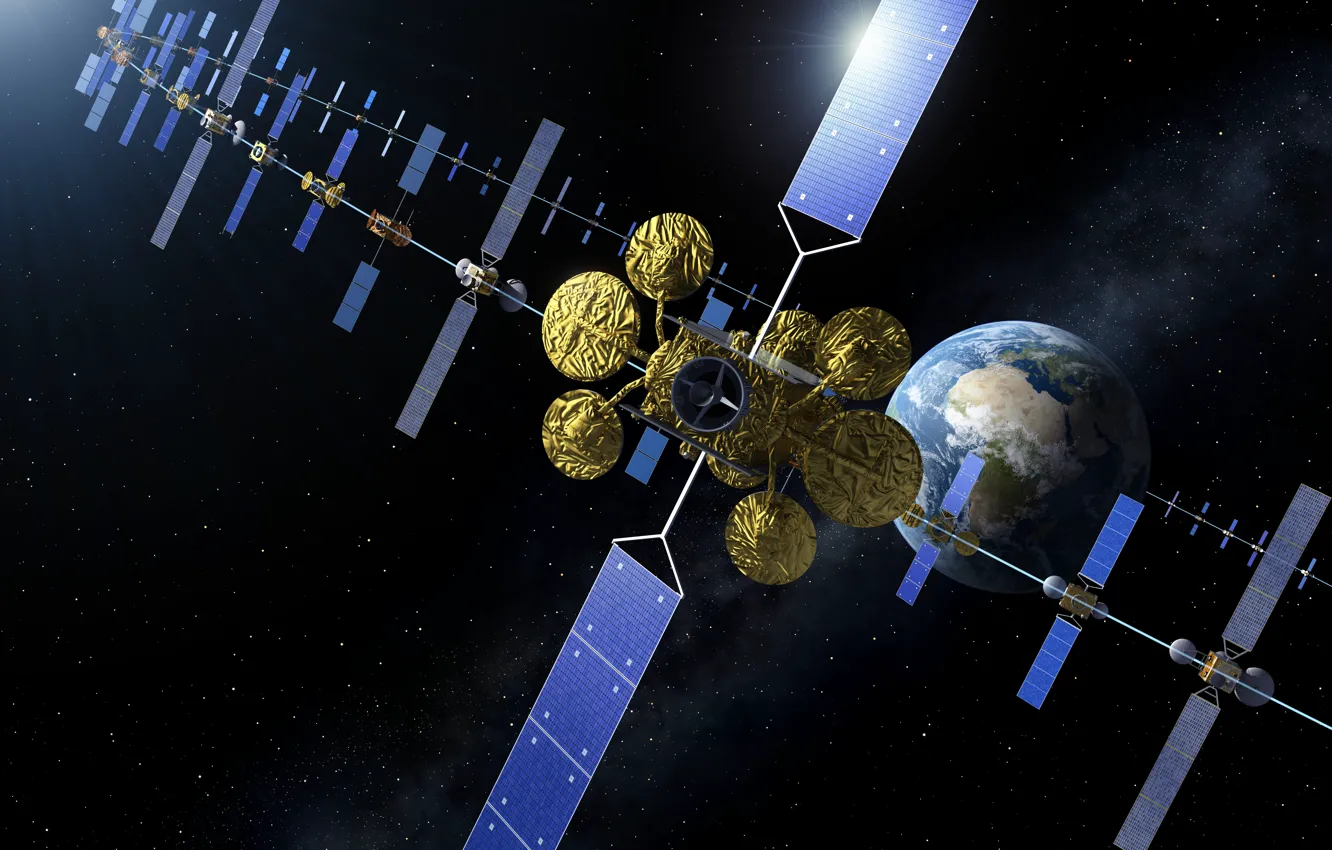 Фото обои Космос, ESA, Спутники, European Space Agency, Европейское космическое агентство, Satellites in geostationary orbit, International Telecommunication …