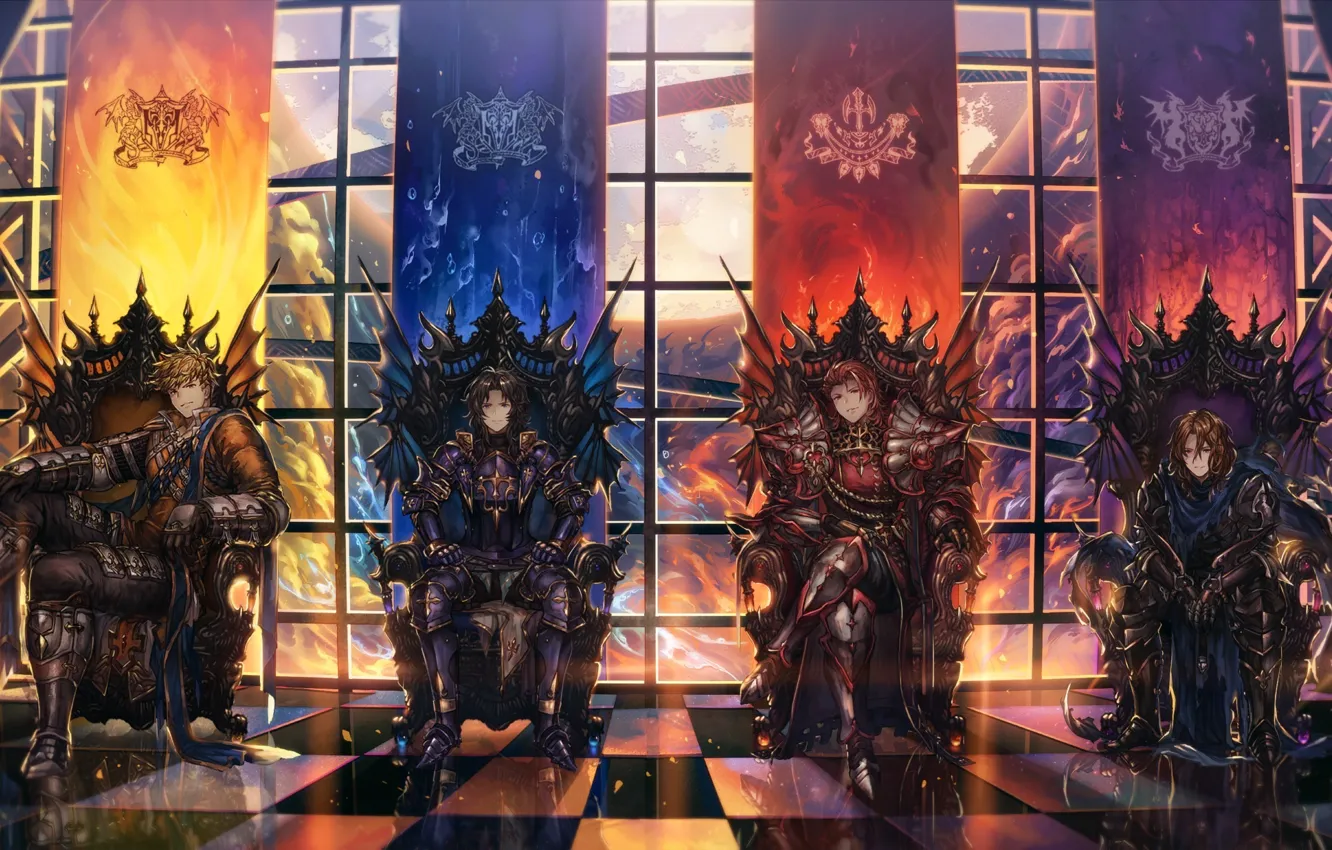 Фото обои окна, аниме, арт, кресла, парни, рыцари, granblue fantasy