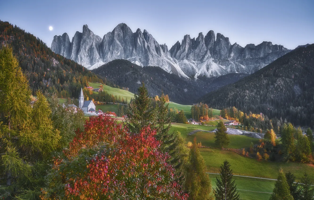 Фото обои осень, пейзаж, горы, природа, деревня, Италия, леса, луга