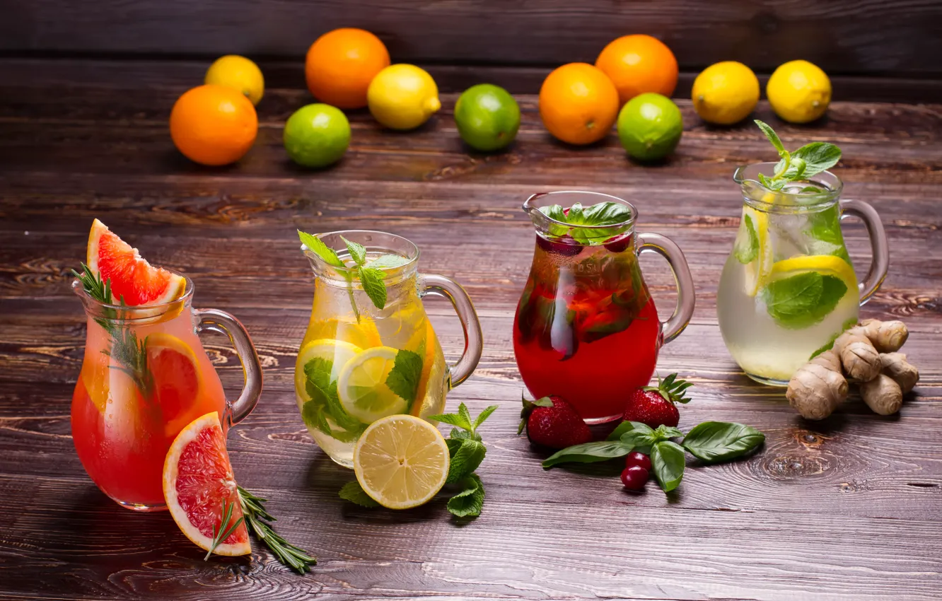 Фото обои лимон, клубника, напитки, мята, грейпфрут, фреш, лимонад, имбирь