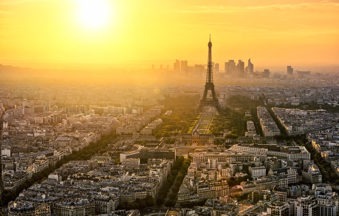 Фото обои деревья, город, рассвет, Франция, Париж, здания, дороги, дома