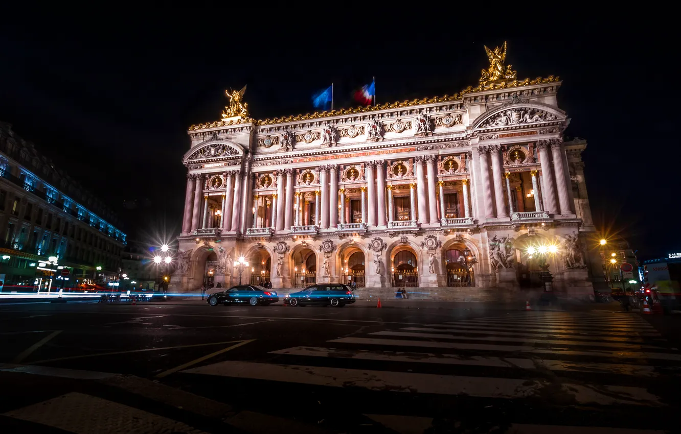 Фото обои ночь, огни, Франция, Париж, театр, Опера Гарнье, Гранд-Опера