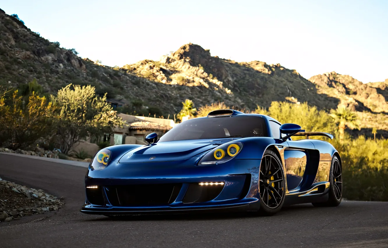 Фото обои Porsche, Gemballa, Blue, Carrera GT, Mountain, Road, Black Edition, 2013
