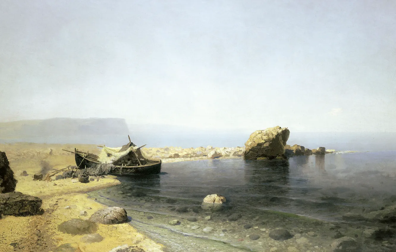 Фото обои пейзаж, туман, камни, лодка, масло, холст, Прозрачная Вода, Руфин Судковский