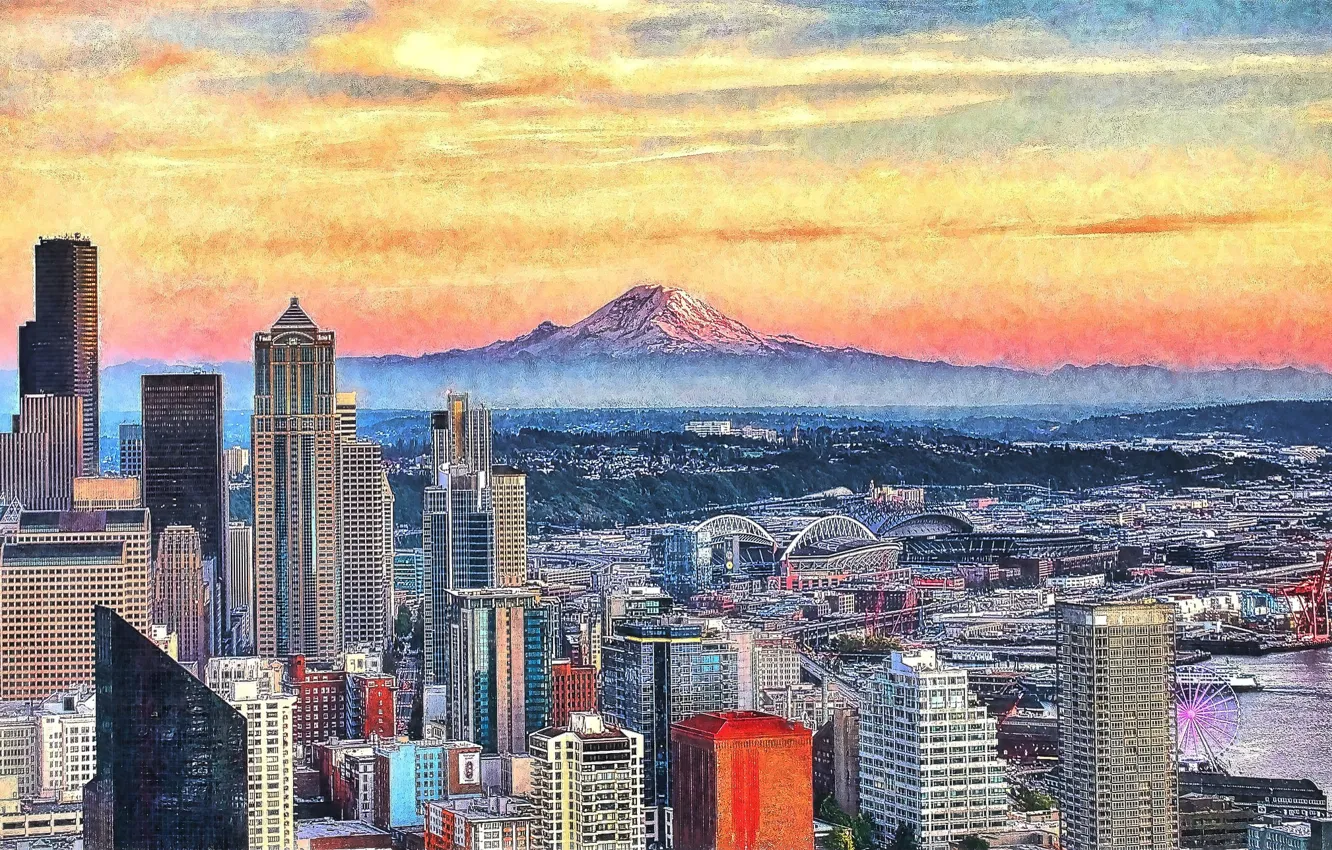 Фото обои небо, город, огни, здания, гора, дома, Сиэтл, Seattle