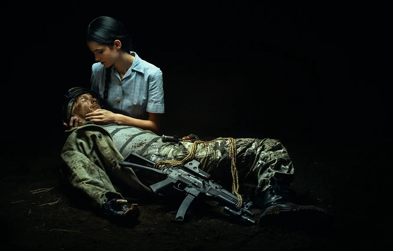 Фото обои девушка, оружие, солдат, ранение