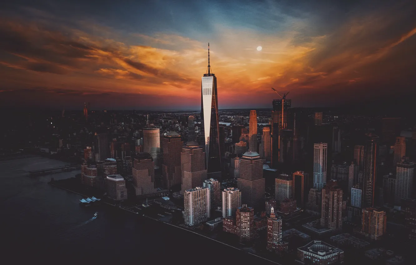 Фото обои небо, закат, город, США, Нью Йорк, высотки