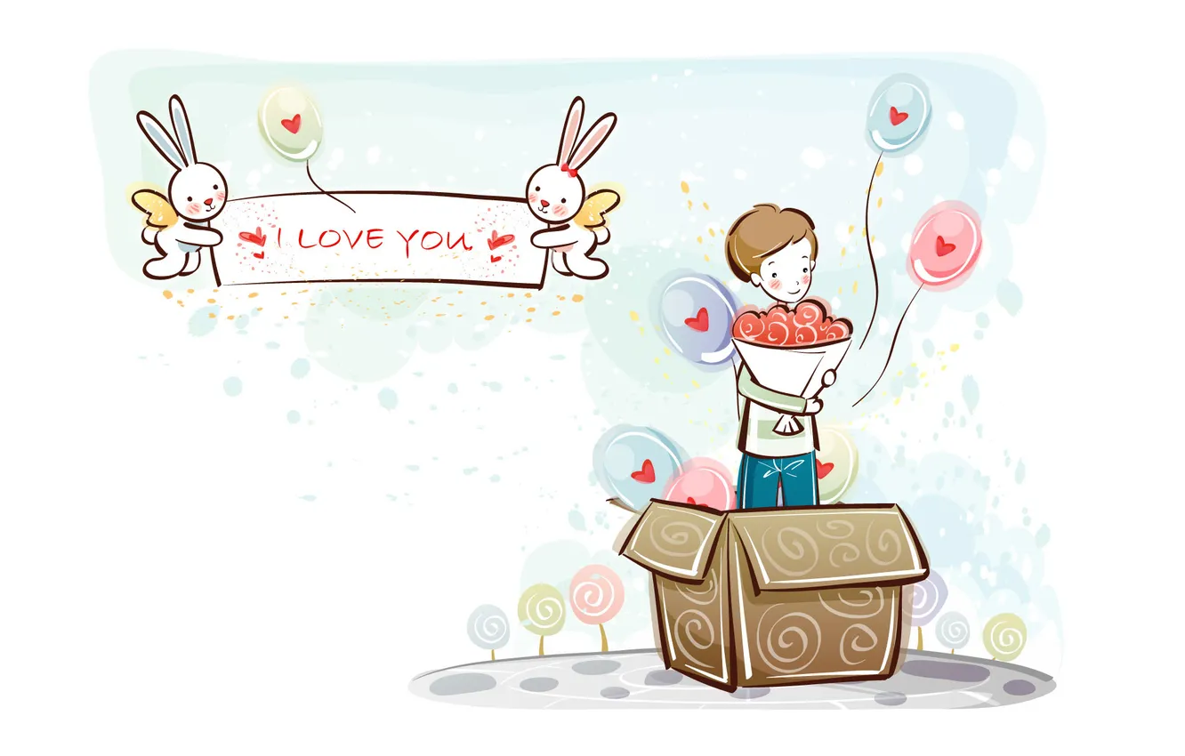 Фото обои шарики, коробка, сердце, рисунок, букет, мальчик, зайцы, love