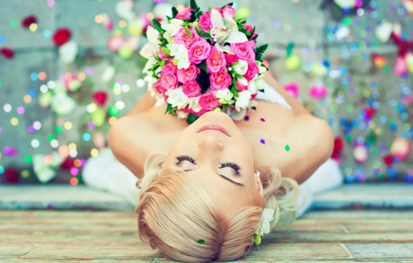 Фото обои девушка, цветы, настроение, букет, невеста