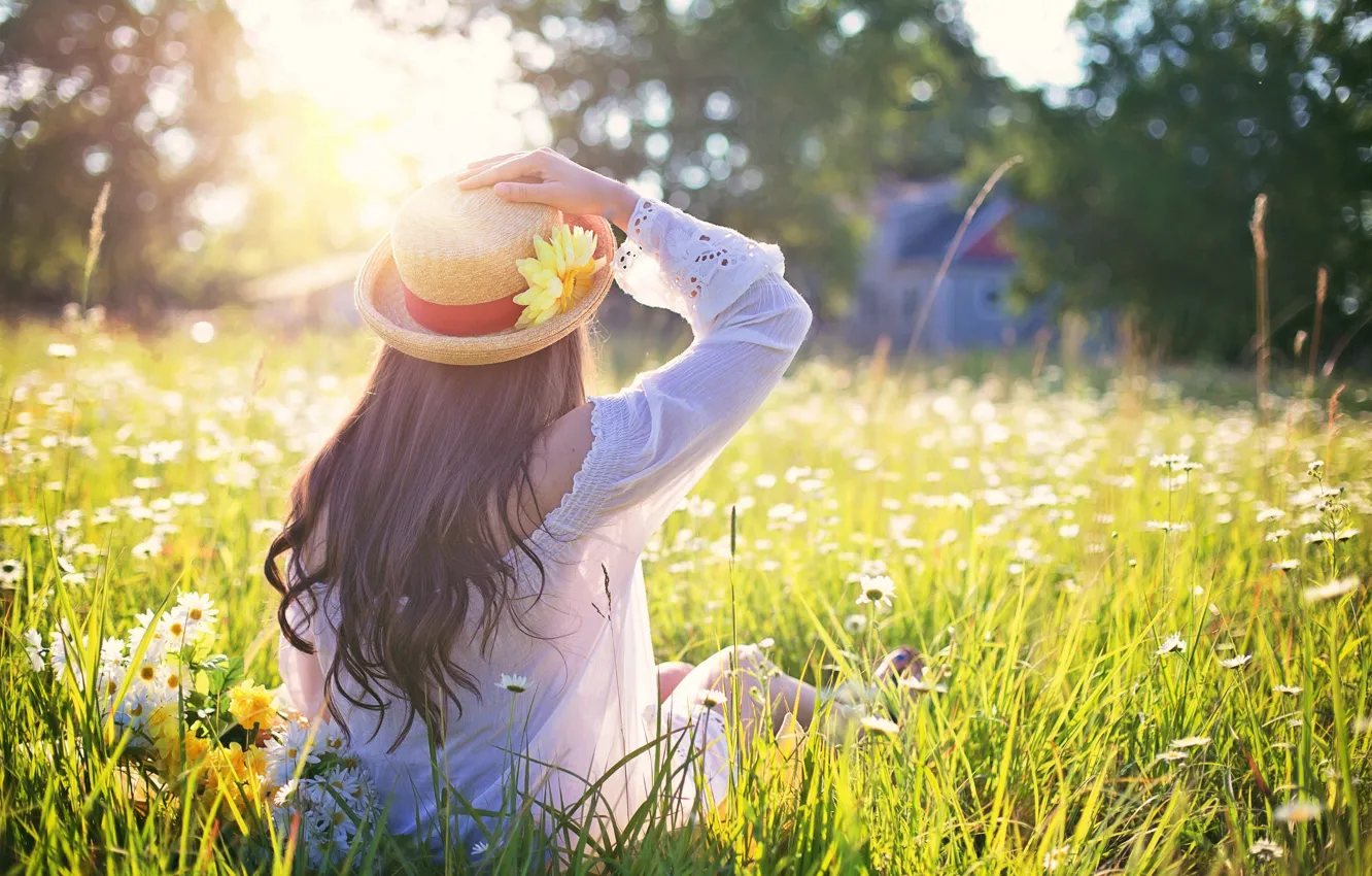 Фото обои girl, field, hat, sunset, flowers, sun