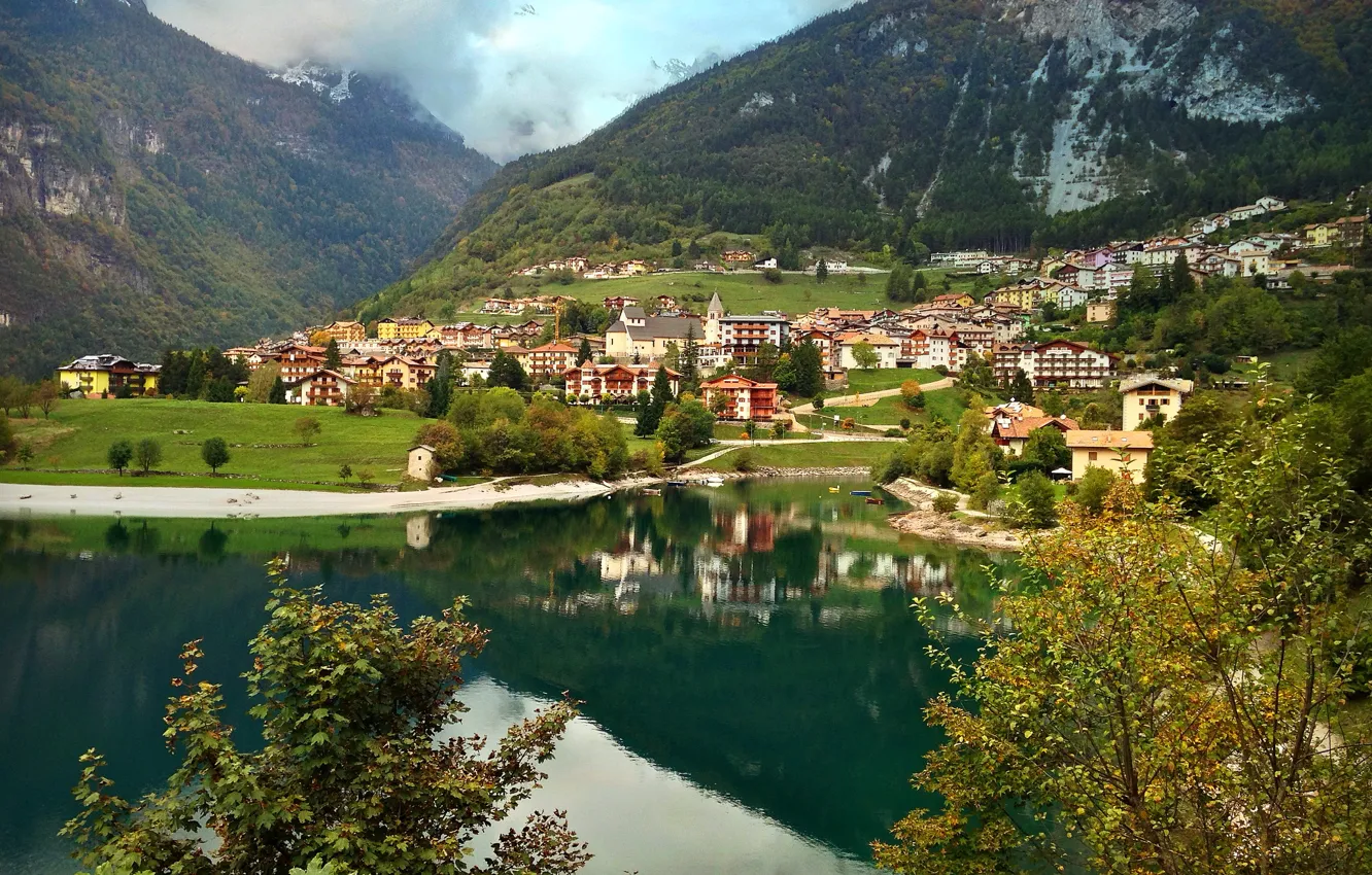 Фото обои горы, озеро, дома, Италия, Molveno