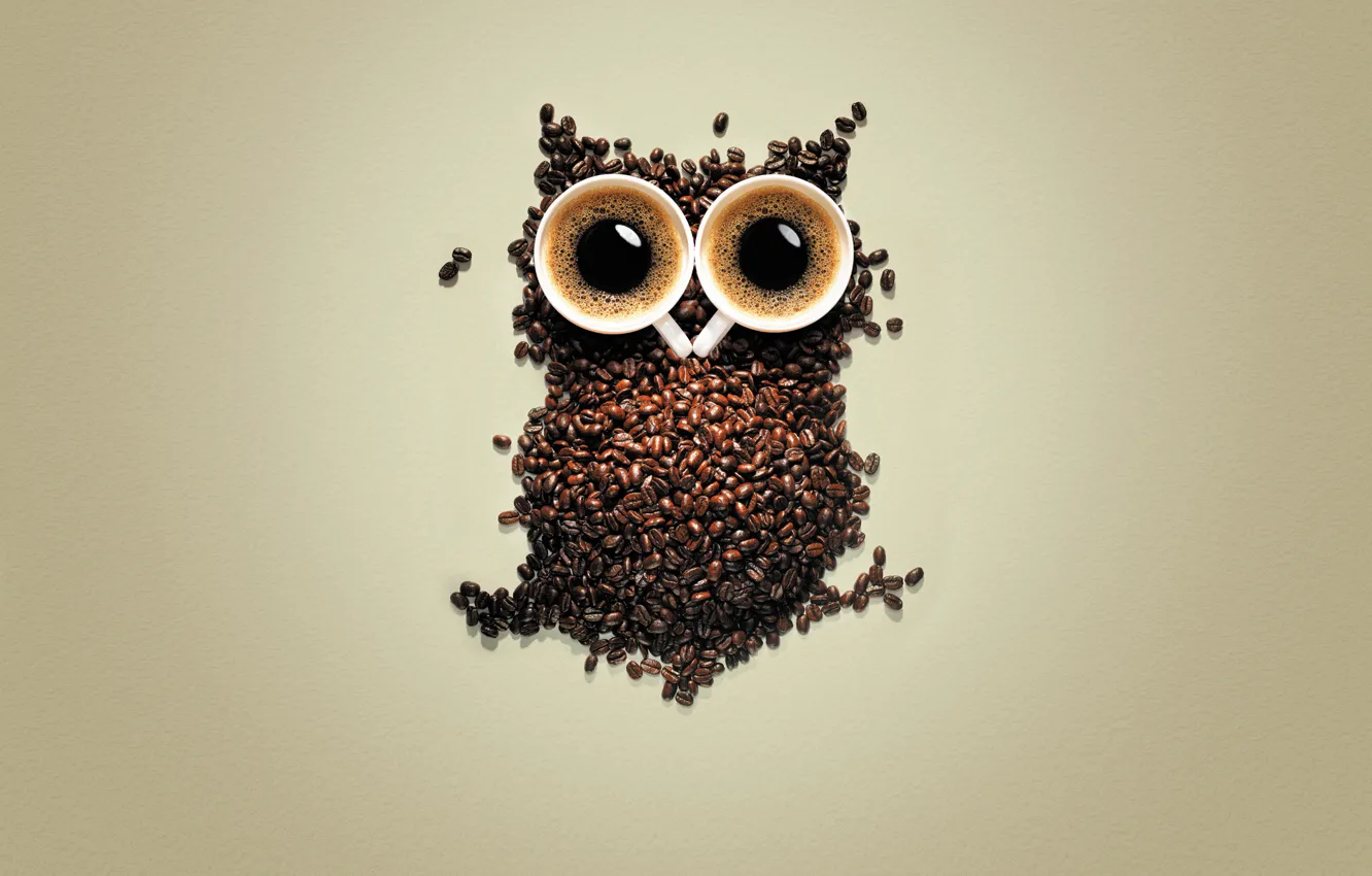 Фото обои сова, кофе, зерна, кружки