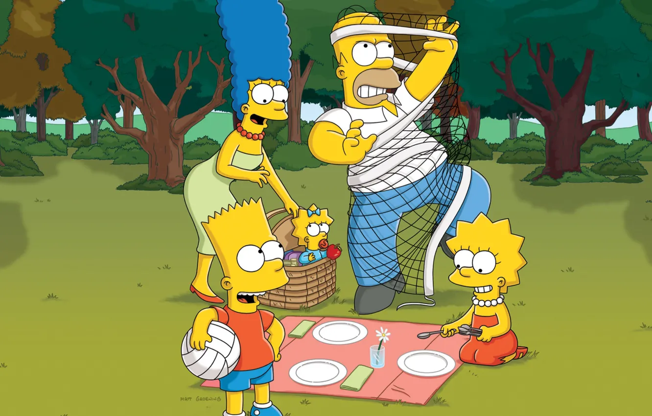 Фото обои Природа, Симпсоны, Рисунок, Сетка, Гомер, Мэгги, Maggie, Simpsons