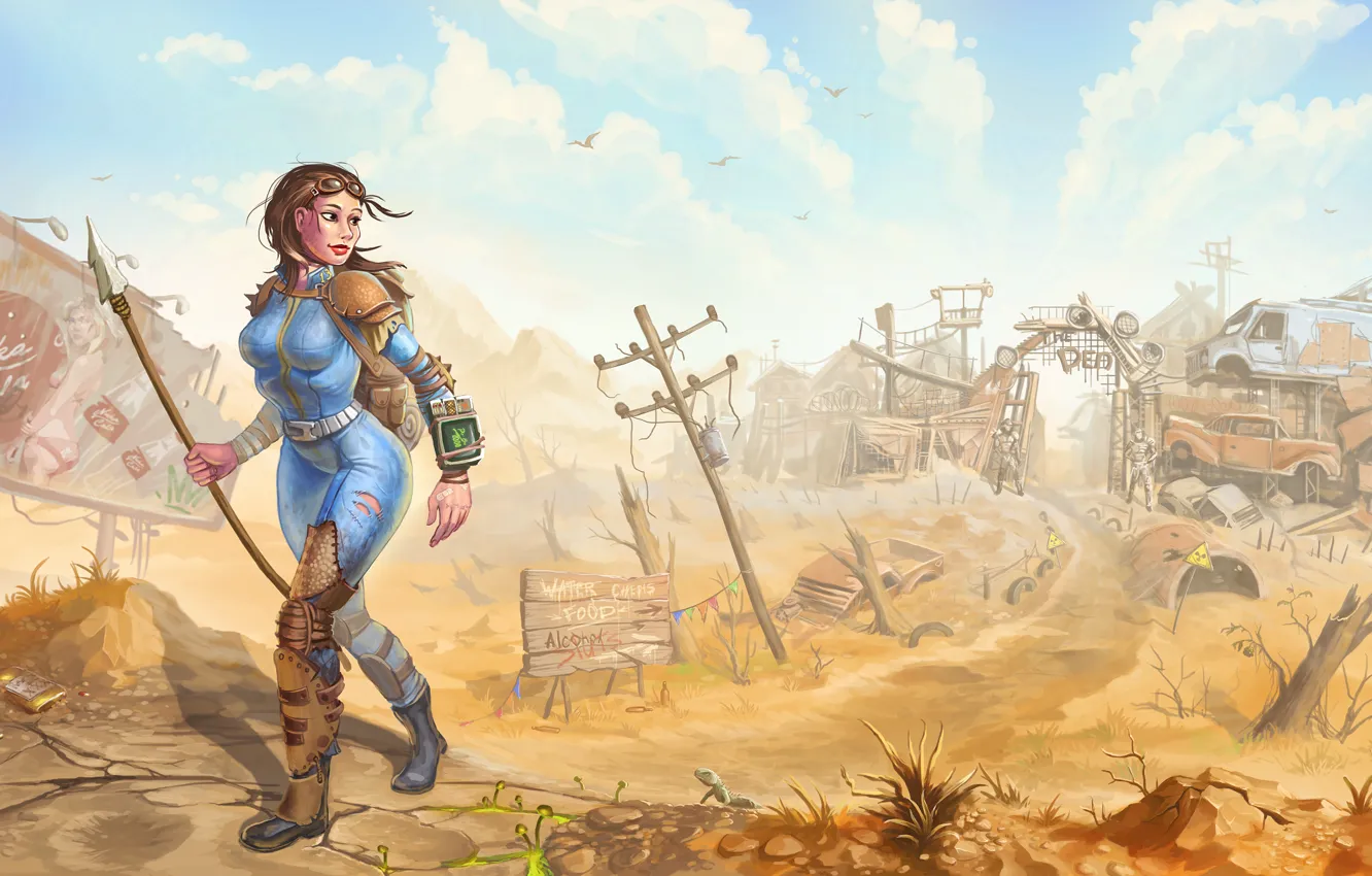 Фото обои девушка, арт, свалка, fallout, пустошь, постапокалипсис