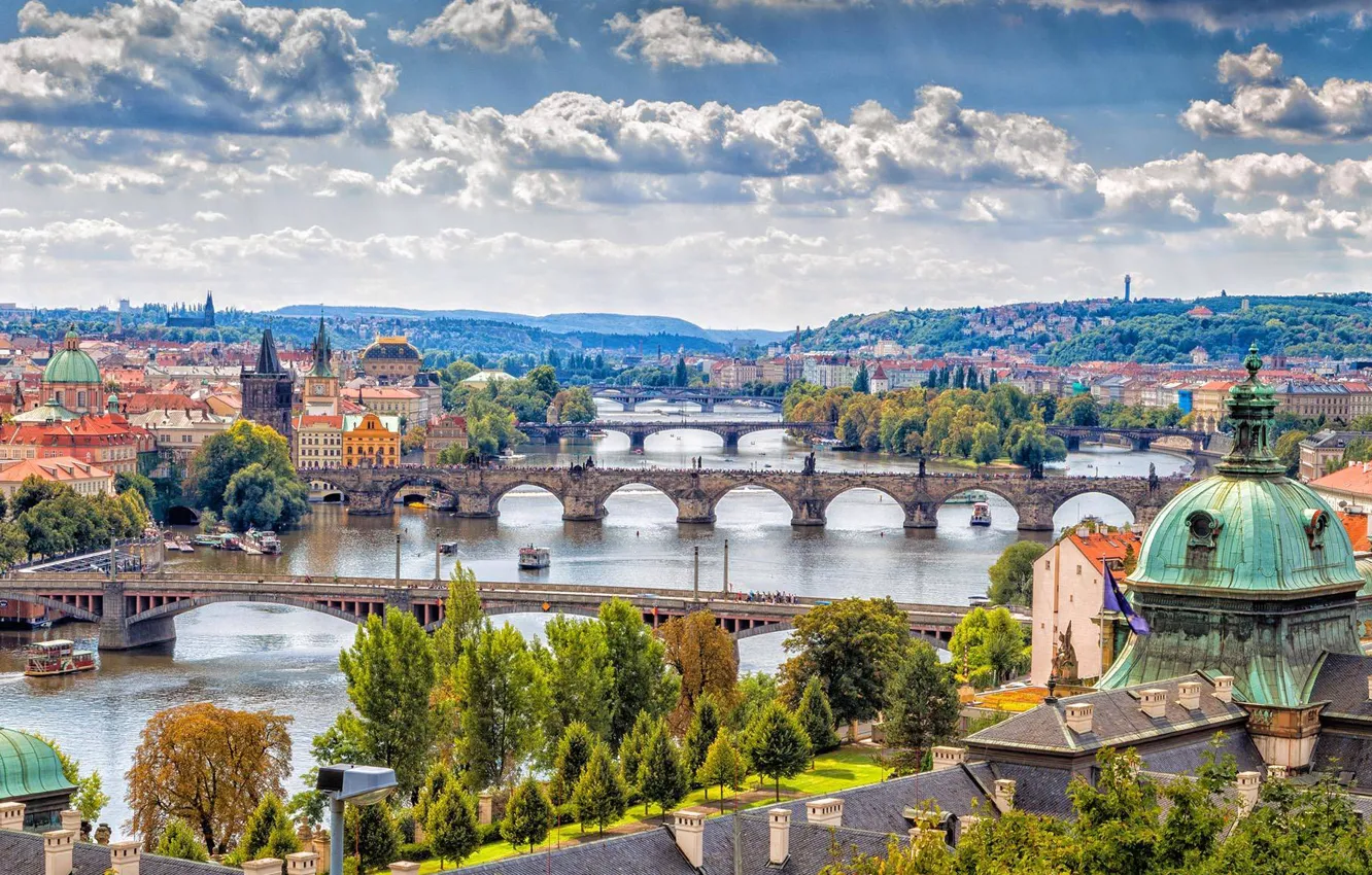 Фото обои река, дома, Прага, Чехия, панорама, мосты