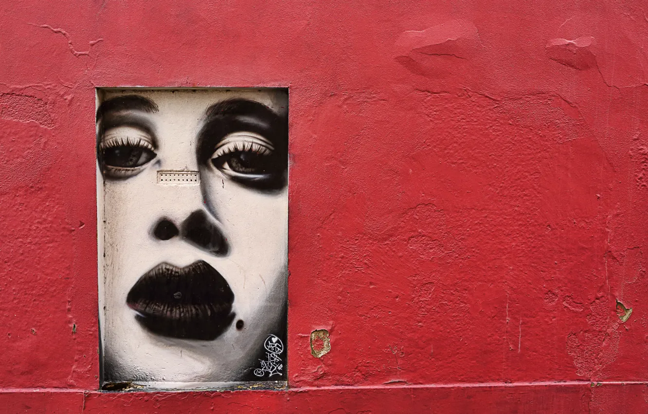 Фото обои девушка, лицо, трещины, стена, граффити